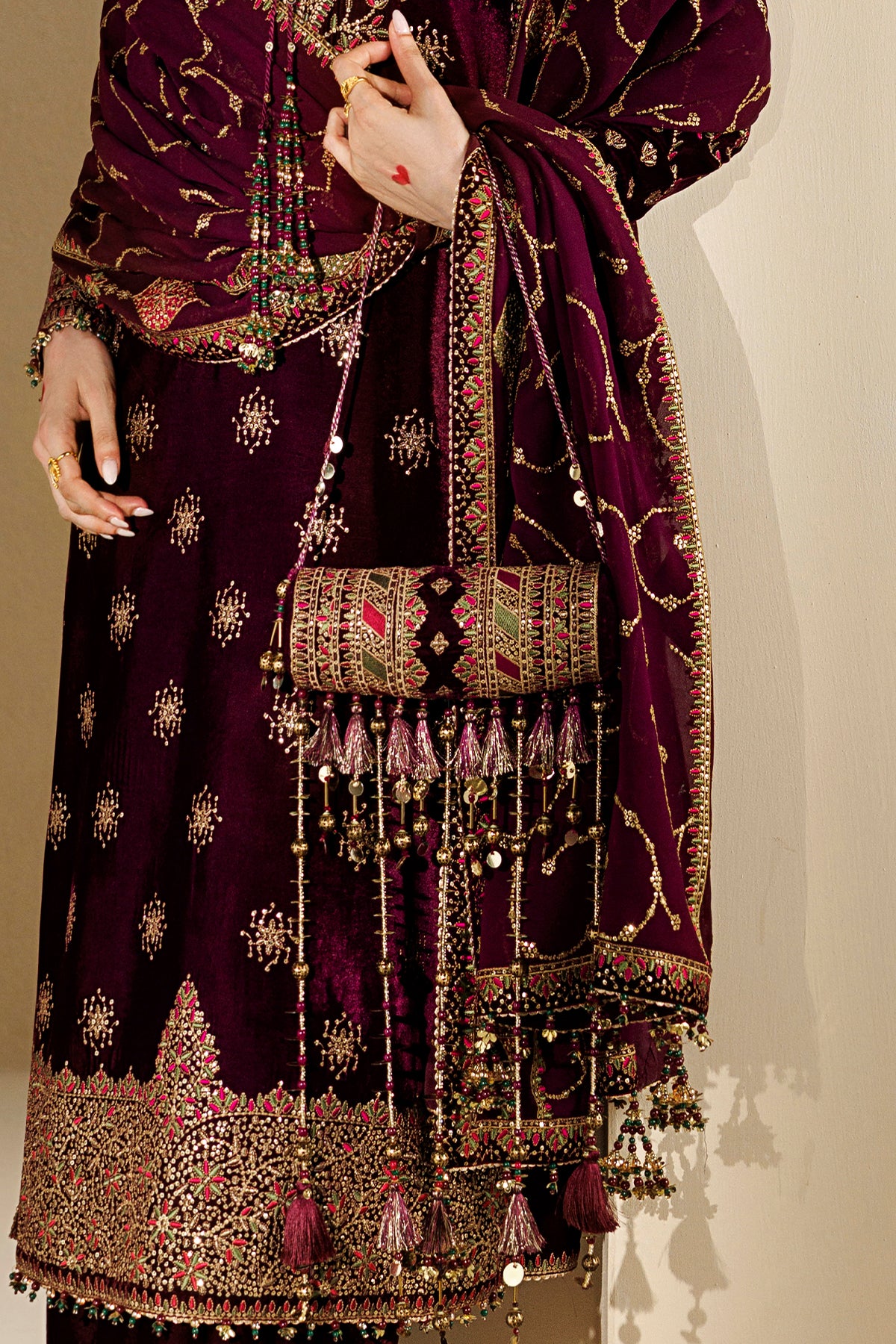 Embroidered Velvet Embellished Bag D-08