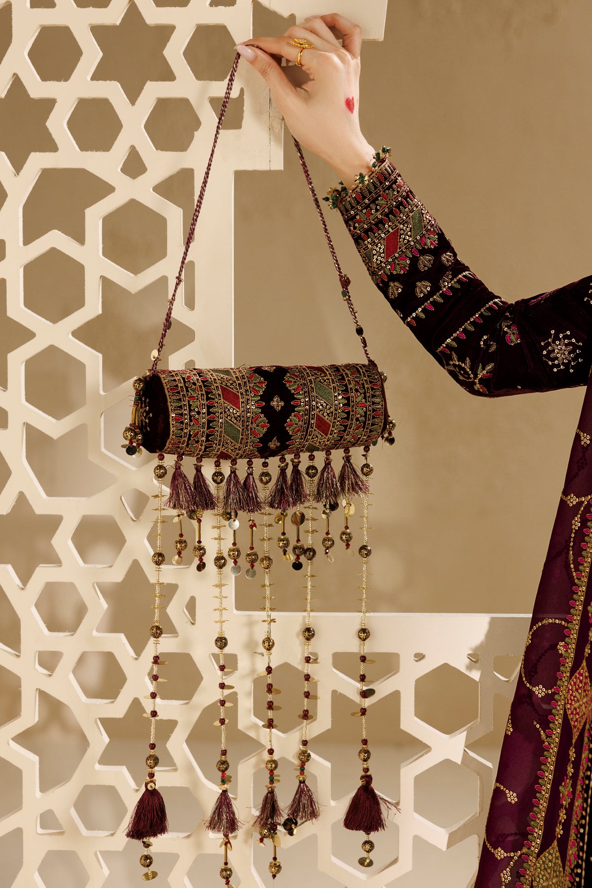 Embroidered Velvet Embellished Bag D-08